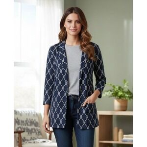 Talbots Petites Navy White Geometric Blazer Jacket Stretch Size 12 Career Office